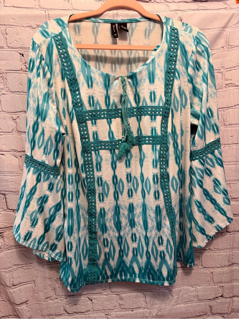 new directions Teal and White Ikat Crochet Peasant Tunic